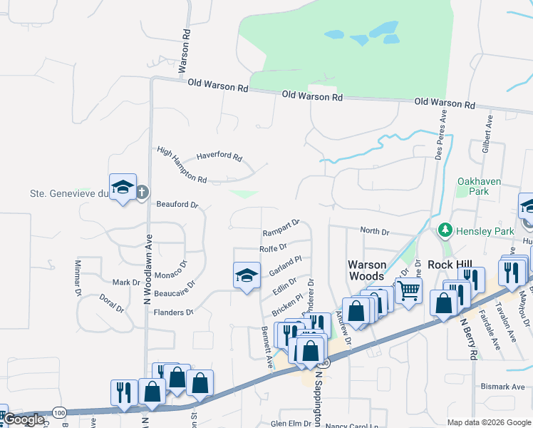 map of restaurants, bars, coffee shops, grocery stores, and more near 758 Havenwood Circle in St. Louis