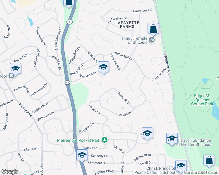 map of restaurants, bars, coffee shops, grocery stores, and more near 1009 Summer Tree Drive in Ballwin