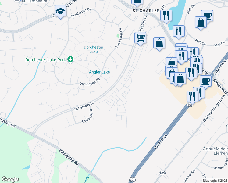 map of restaurants, bars, coffee shops, grocery stores, and more near Finsbury Alley in Saint Charles