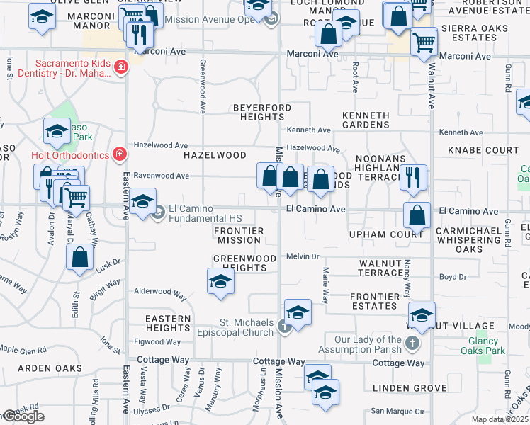 map of restaurants, bars, coffee shops, grocery stores, and more near 4616 El Camino Avenue in Sacramento