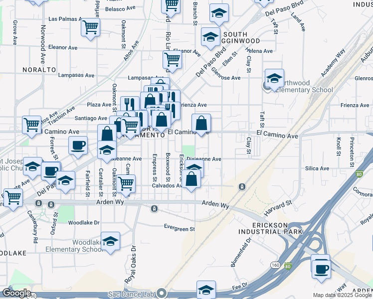 map of restaurants, bars, coffee shops, grocery stores, and more near 951 Dixieanne Avenue in Sacramento