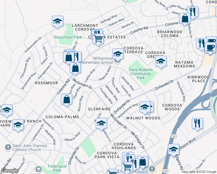 map of restaurants, bars, coffee shops, grocery stores, and more near 2207 Whistler Way in Rancho Cordova