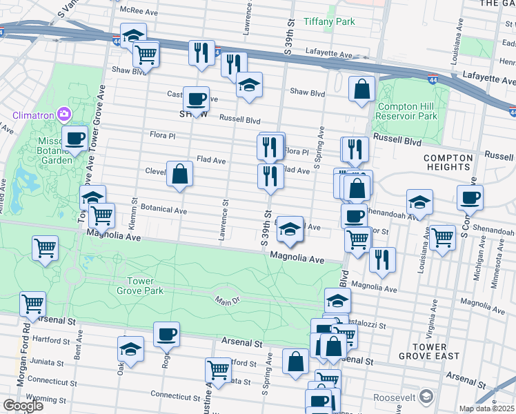 map of restaurants, bars, coffee shops, grocery stores, and more near 3932 Shenandoah Avenue in St. Louis