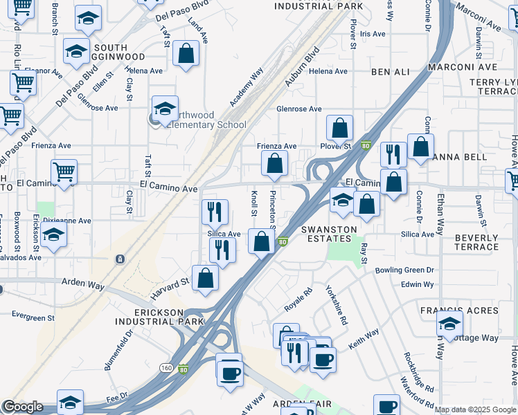 map of restaurants, bars, coffee shops, grocery stores, and more near 2450 Knoll Street in Sacramento