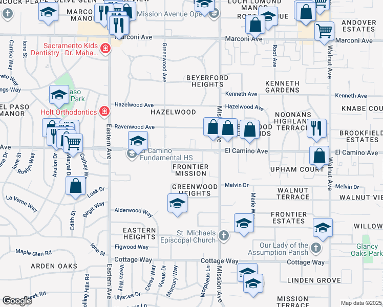 map of restaurants, bars, coffee shops, grocery stores, and more near 4532 El Camino Avenue in Sacramento