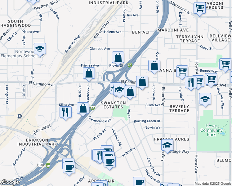 map of restaurants, bars, coffee shops, grocery stores, and more near 1705 Woolley Way in Sacramento