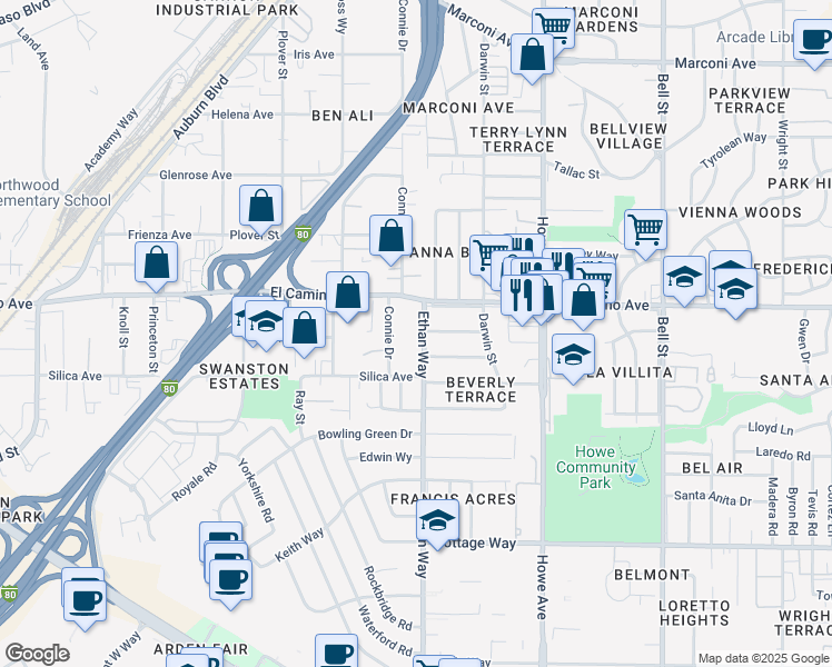 map of restaurants, bars, coffee shops, grocery stores, and more near 2425 Ethan Way in Sacramento