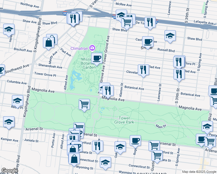 map of restaurants, bars, coffee shops, grocery stores, and more near 4252 Botanical Avenue in St. Louis