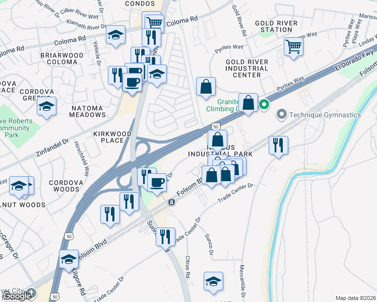 map of restaurants, bars, coffee shops, grocery stores, and more near 11299 Point East Drive in Rancho Cordova
