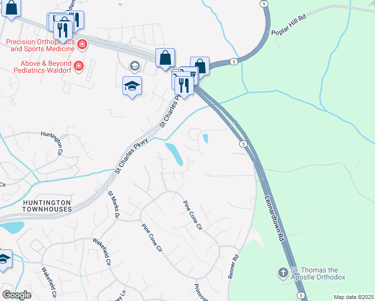 map of restaurants, bars, coffee shops, grocery stores, and more near 12218 Sweetwood Place in Waldorf