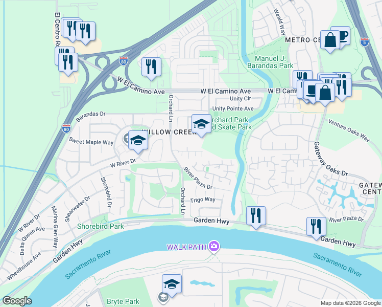 map of restaurants, bars, coffee shops, grocery stores, and more near 260 Soaring Hawk Ln in Sacramento