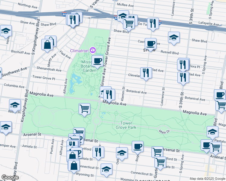 map of restaurants, bars, coffee shops, grocery stores, and more near 4238 Botanical Avenue in St. Louis