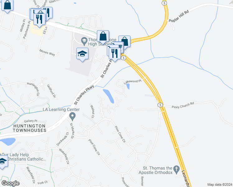 map of restaurants, bars, coffee shops, grocery stores, and more near 12218 Sweetwood Place in Waldorf