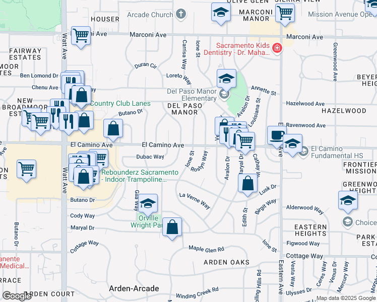 map of restaurants, bars, coffee shops, grocery stores, and more near 2445 Ione Street in Sacramento