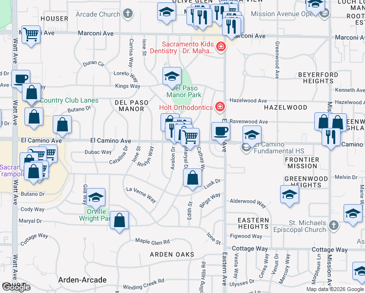 map of restaurants, bars, coffee shops, grocery stores, and more near 4120 El Camino Avenue in Sacramento