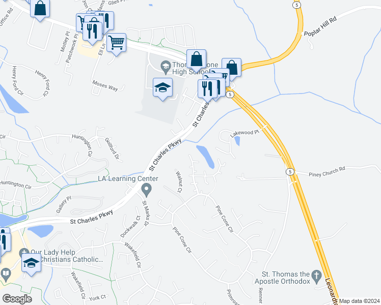 map of restaurants, bars, coffee shops, grocery stores, and more near 3445 Hyacinth Place in Waldorf