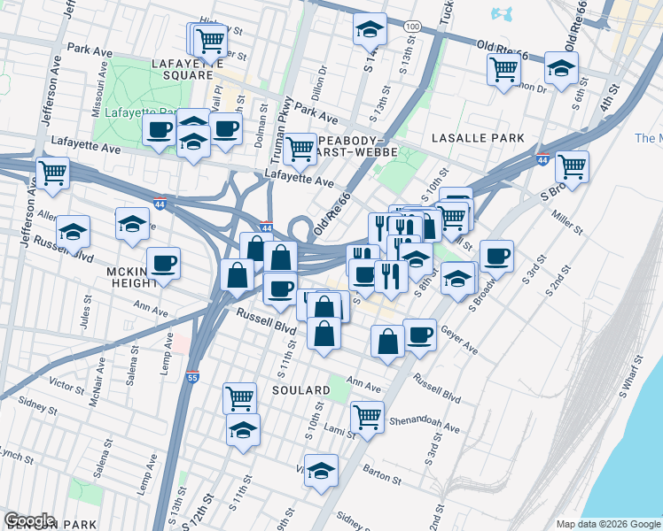 map of restaurants, bars, coffee shops, grocery stores, and more near 1851R Menard Street in St. Louis