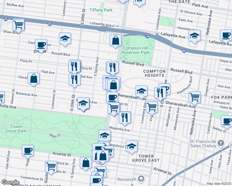 map of restaurants, bars, coffee shops, grocery stores, and more near 2254 South Grand Boulevard in St. Louis