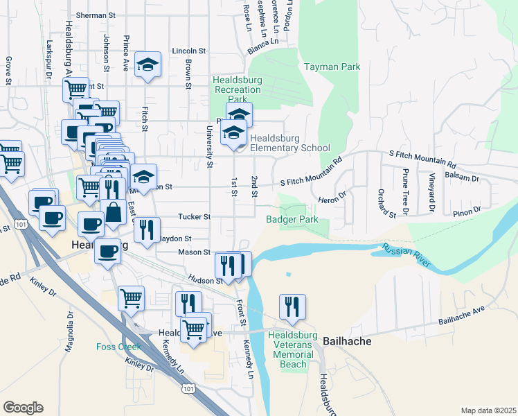 map of restaurants, bars, coffee shops, grocery stores, and more near 210 2nd Street in Healdsburg