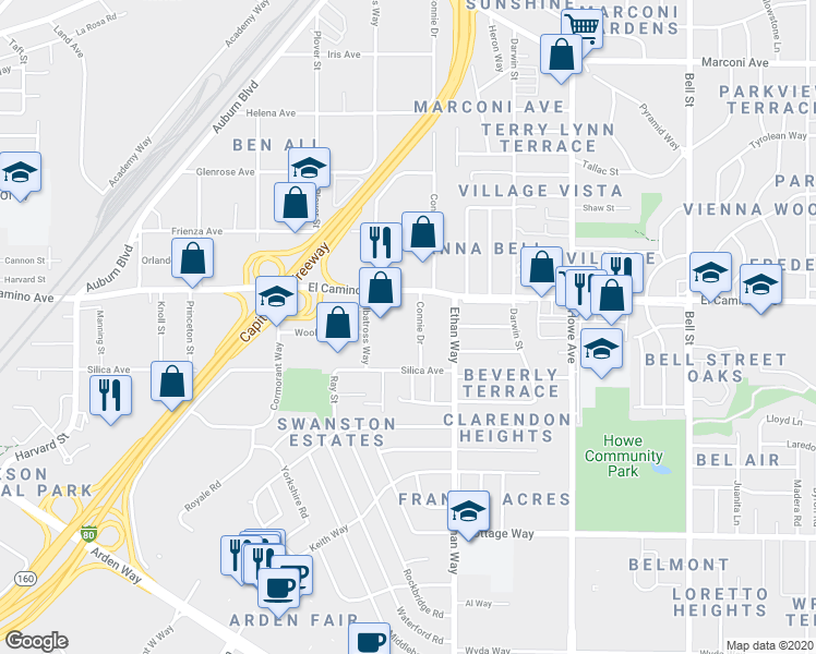 map of restaurants, bars, coffee shops, grocery stores, and more near 2437 Connie Drive in Sacramento