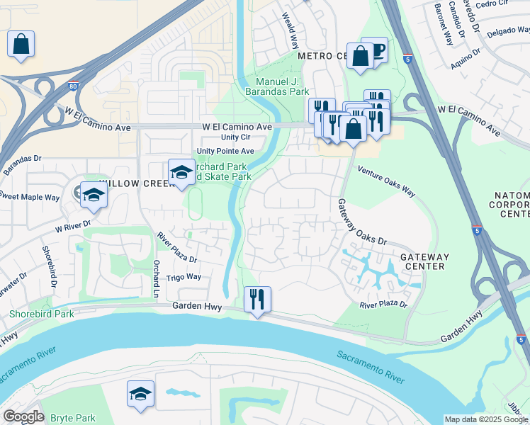 map of restaurants, bars, coffee shops, grocery stores, and more near 2793 Pickering Way in Sacramento