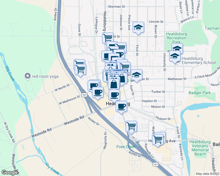 map of restaurants, bars, coffee shops, grocery stores, and more near 20 Matheson Street in Healdsburg