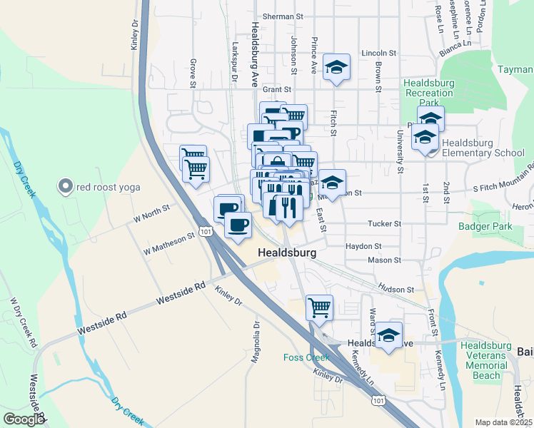 map of restaurants, bars, coffee shops, grocery stores, and more near 20 Matheson Street in Healdsburg