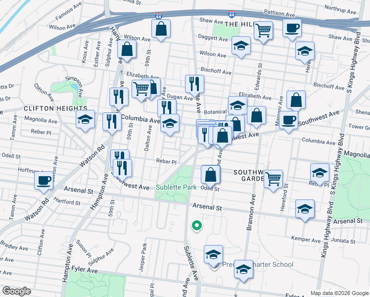 map of restaurants, bars, coffee shops, grocery stores, and more near 5534 Magnolia Avenue in St. Louis
