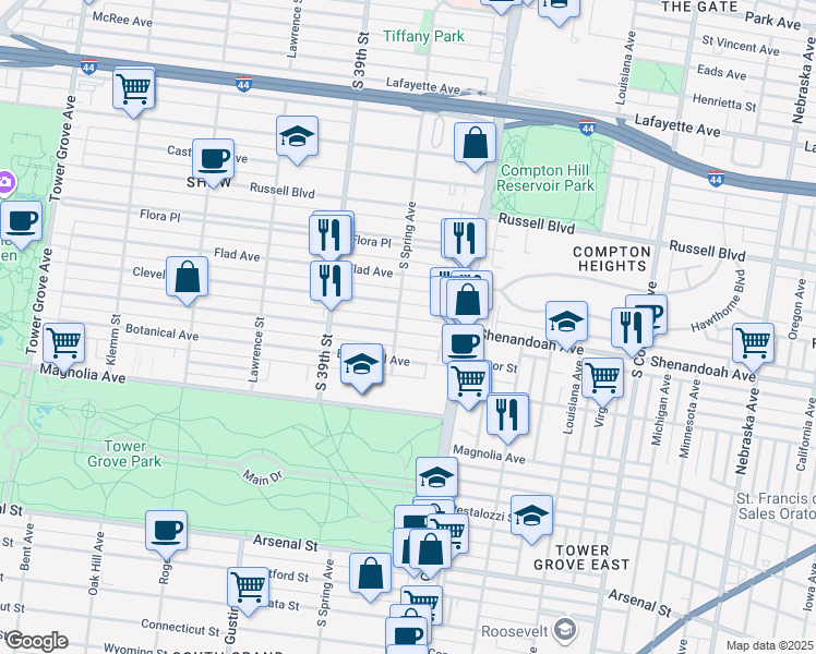 map of restaurants, bars, coffee shops, grocery stores, and more near 3661 Shenandoah Avenue in St. Louis