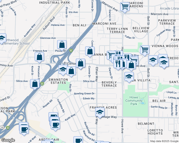map of restaurants, bars, coffee shops, grocery stores, and more near 2437 Connie Drive in Sacramento