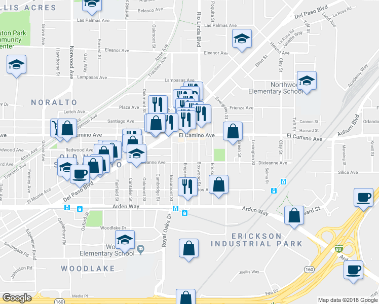 map of restaurants, bars, coffee shops, grocery stores, and more near 2439 Empress Street in Sacramento