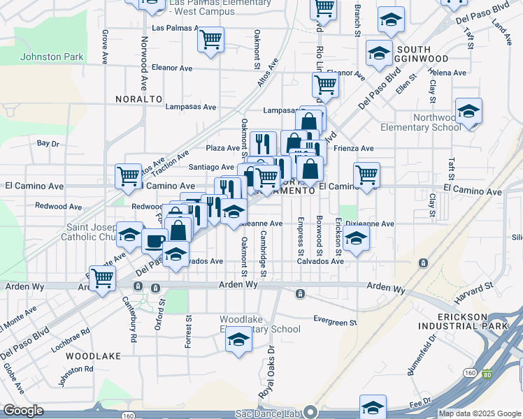 map of restaurants, bars, coffee shops, grocery stores, and more near 2200 Del Paso Boulevard in Sacramento