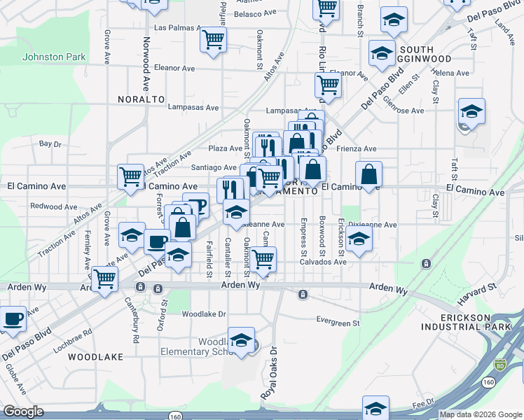 map of restaurants, bars, coffee shops, grocery stores, and more near 2200 Del Paso Boulevard in Sacramento