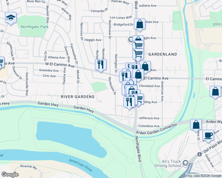 map of restaurants, bars, coffee shops, grocery stores, and more near 2391 Northview Drive in Sacramento