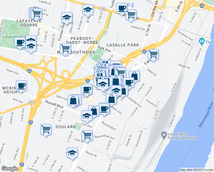 map of restaurants, bars, coffee shops, grocery stores, and more near 1718 South 8th Street in St. Louis