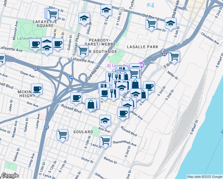 map of restaurants, bars, coffee shops, grocery stores, and more near 904 Soulard Street in St. Louis