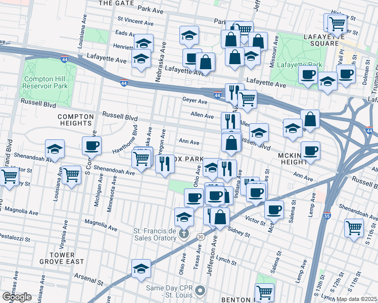 map of restaurants, bars, coffee shops, grocery stores, and more near in St. Louis