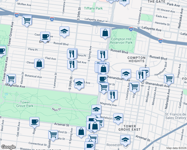 map of restaurants, bars, coffee shops, grocery stores, and more near 3661 Shenandoah Avenue in St. Louis