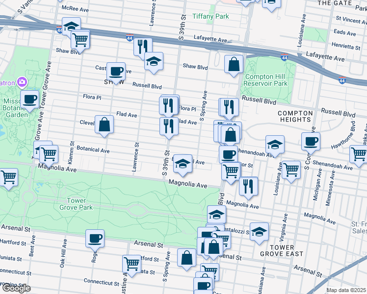 map of restaurants, bars, coffee shops, grocery stores, and more near 3824 Shenandoah Avenue in St. Louis