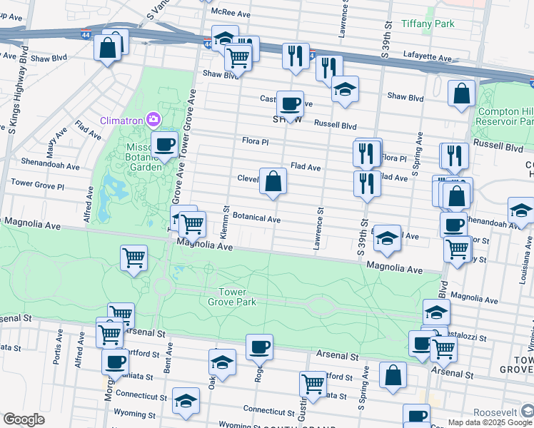 map of restaurants, bars, coffee shops, grocery stores, and more near 4109 Botanical Avenue in St. Louis