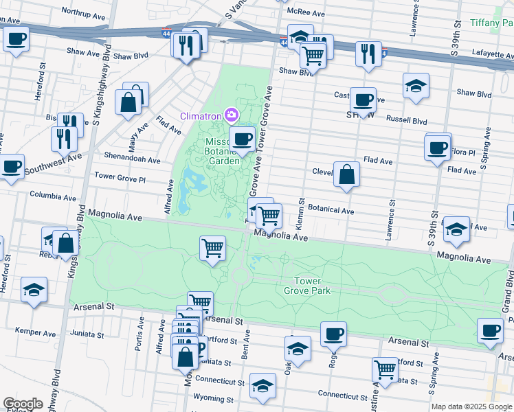 map of restaurants, bars, coffee shops, grocery stores, and more near 2363 Tower Grove Avenue in St. Louis