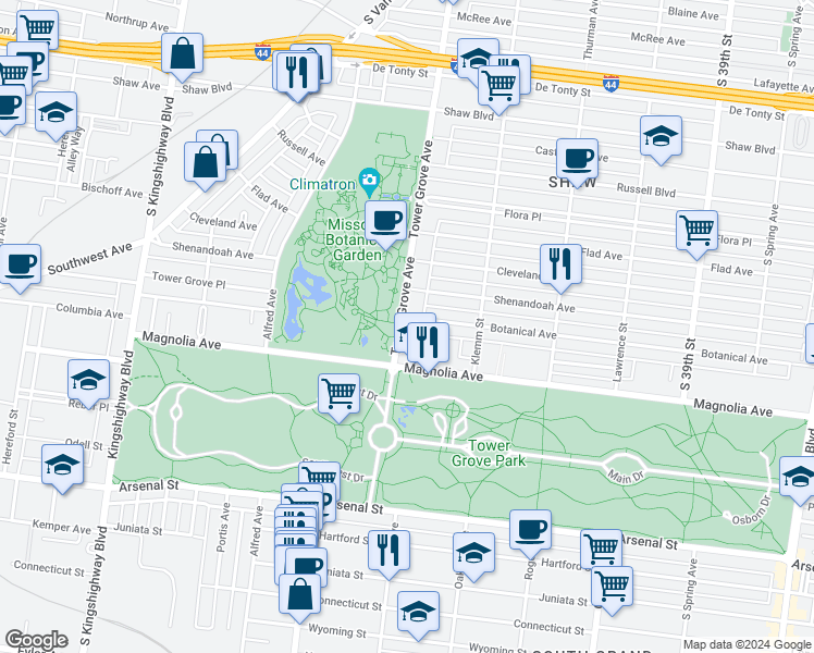 map of restaurants, bars, coffee shops, grocery stores, and more near 2363 Tower Grove Avenue in St. Louis