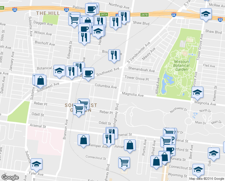 map of restaurants, bars, coffee shops, grocery stores, and more near 2607 South Kingshighway Boulevard in St. Louis