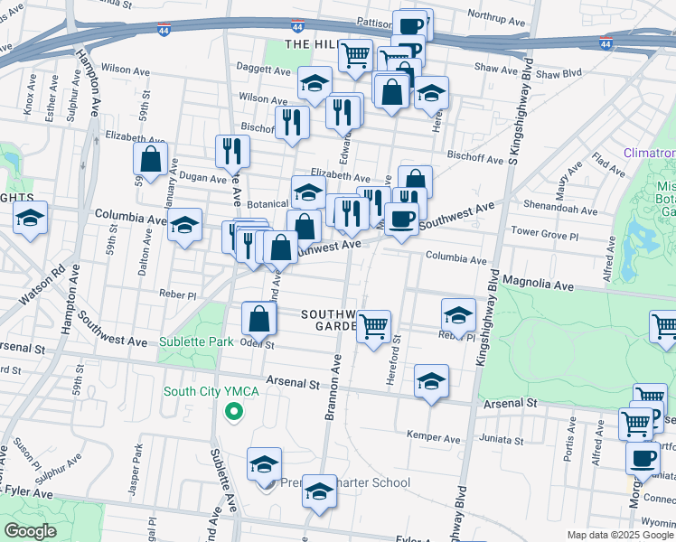 map of restaurants, bars, coffee shops, grocery stores, and more near 5319 Magnolia Avenue in St. Louis
