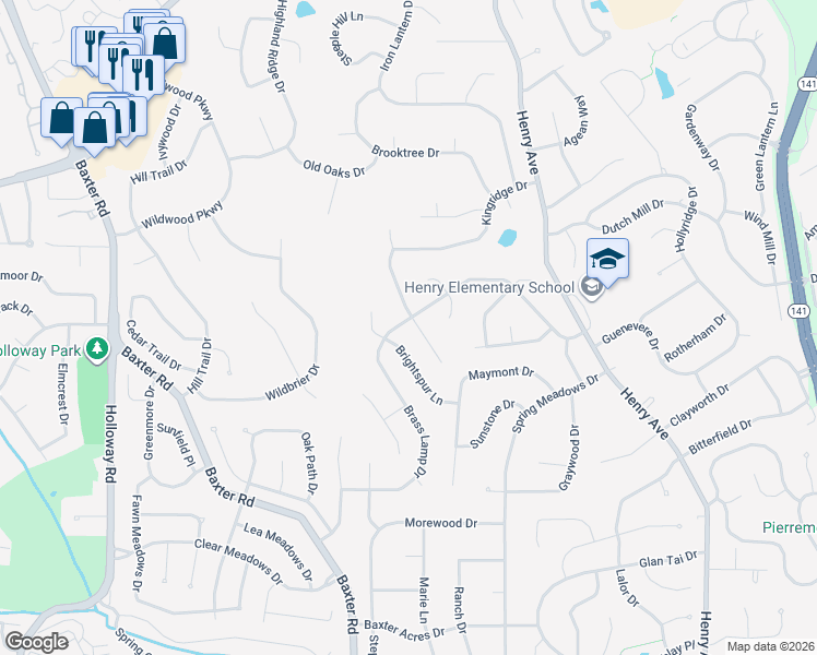 map of restaurants, bars, coffee shops, grocery stores, and more near 480 Hillbrook Drive in Ballwin