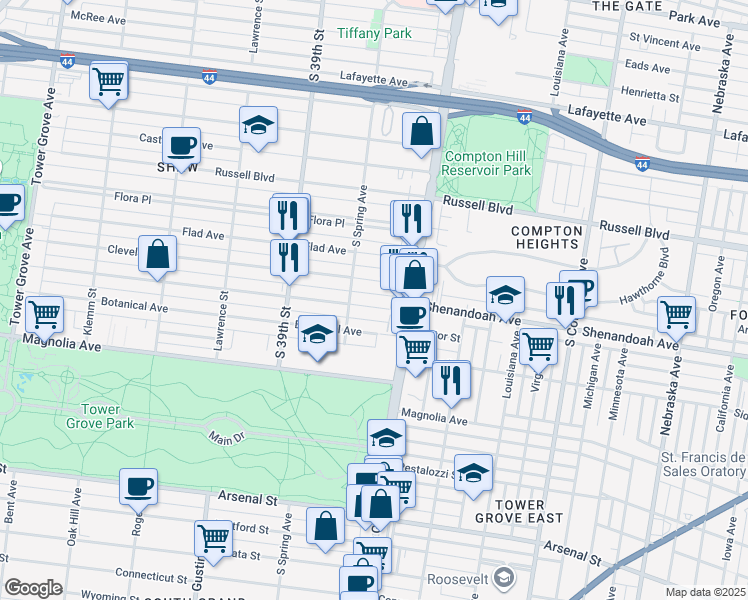 map of restaurants, bars, coffee shops, grocery stores, and more near 3661 Shenandoah Avenue in St. Louis