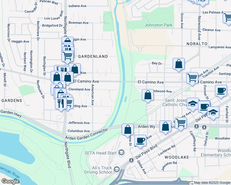 map of restaurants, bars, coffee shops, grocery stores, and more near 210 Cleveland Ave in Sacramento
