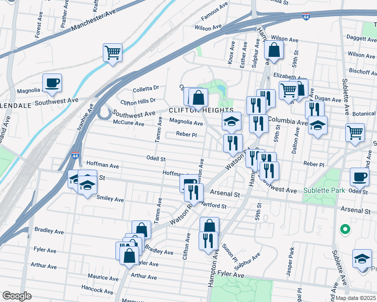 map of restaurants, bars, coffee shops, grocery stores, and more near 6232 Marmaduke Ave in St Louis
