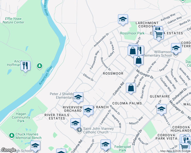 map of restaurants, bars, coffee shops, grocery stores, and more near 10505 Georgetown Drive in Rancho Cordova