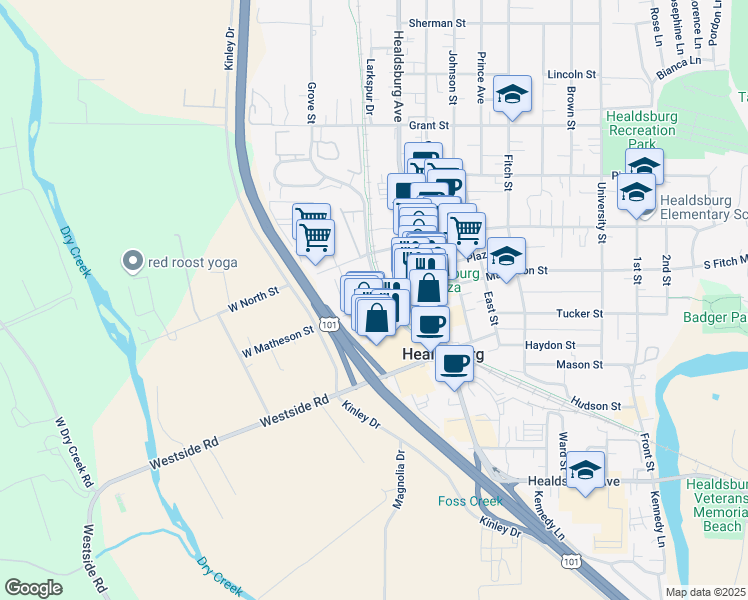 map of restaurants, bars, coffee shops, grocery stores, and more near 75 West Matheson Street in Healdsburg